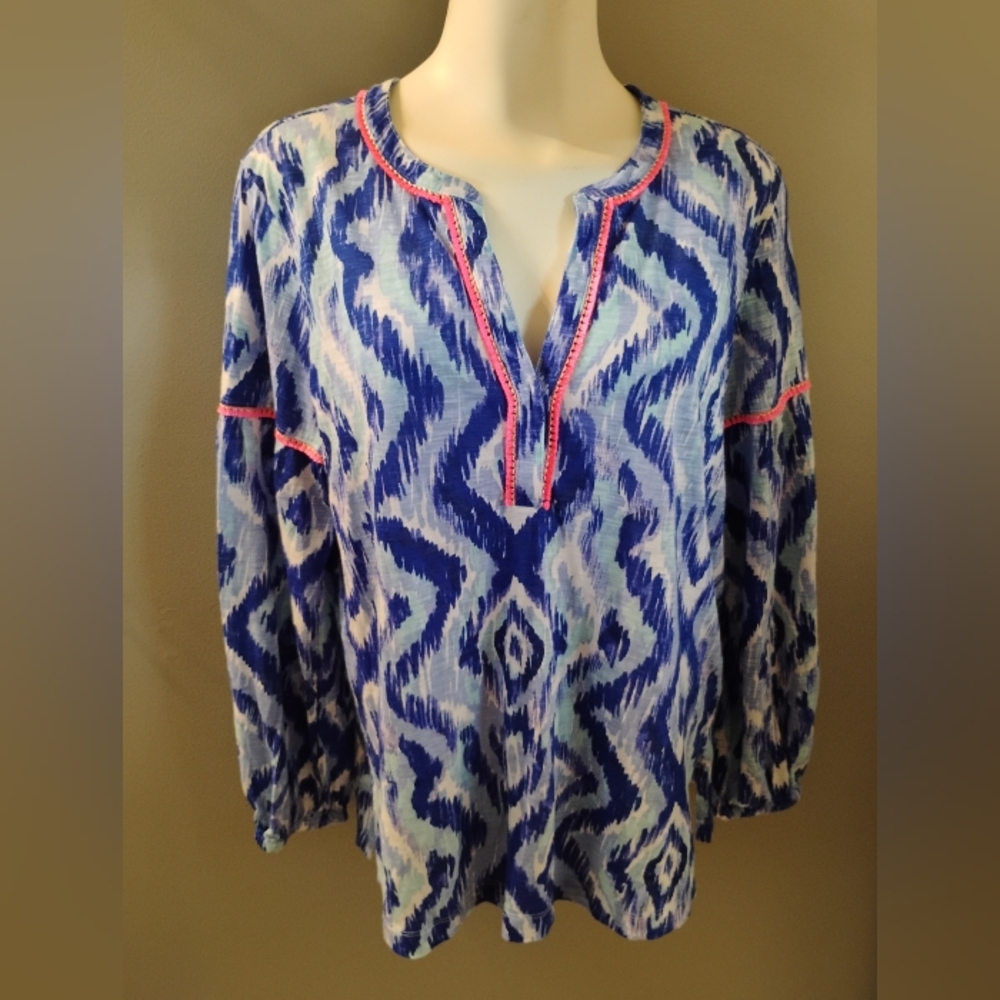 Women's Lilly Pulitzer Medium Long Sleeve Tunic Blue &White - Tiny Pink Tassels